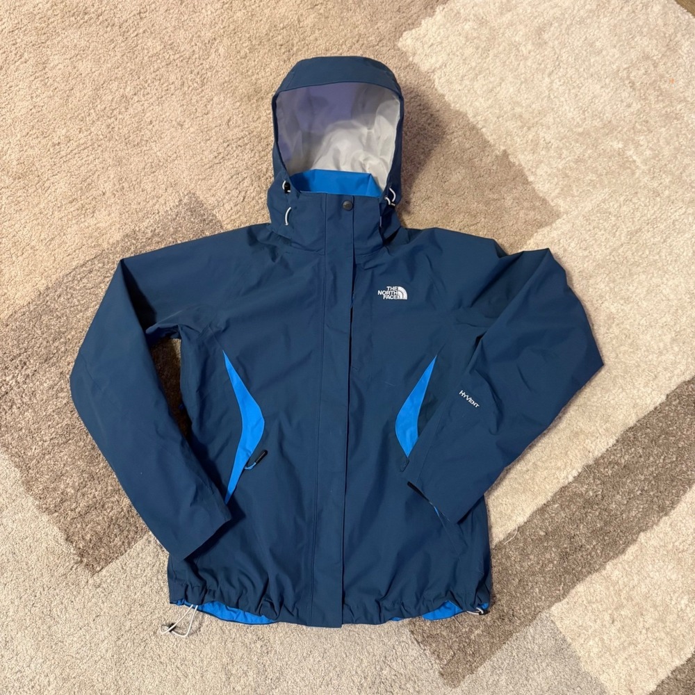The North Face HyVent Rain Jacket Womens Small Blue Hooded Waterproof Shell Coat